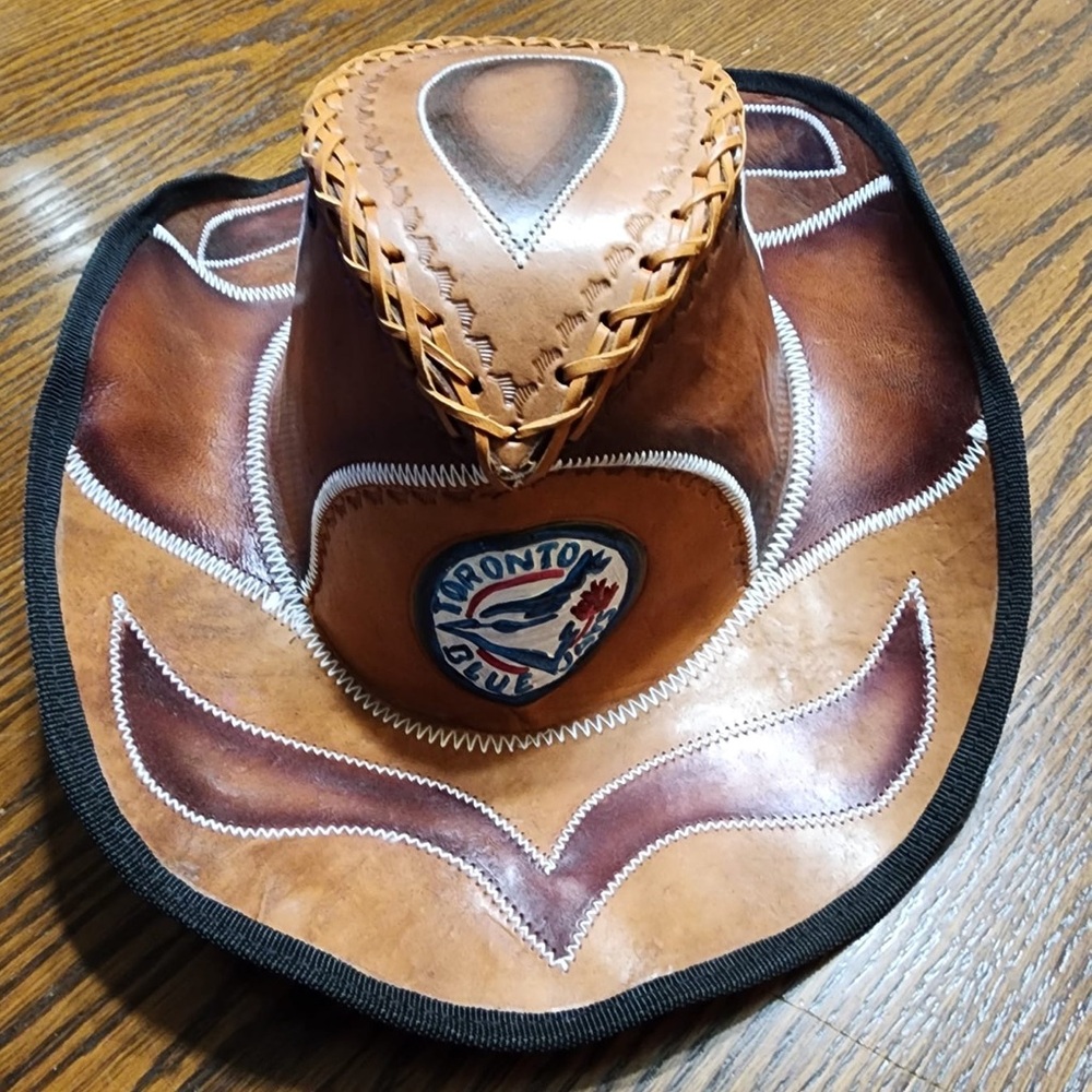 Vintage Brown Genuine Leather Cowboy Hat with Hand Painted Blue Jays Logo